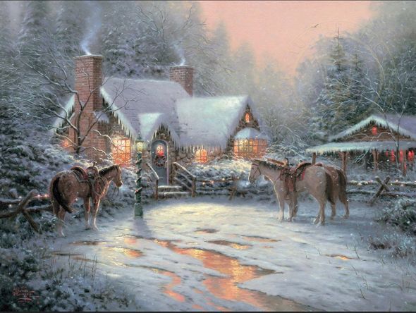 Thomas Kinkade Studios Limited Edition Embellished Canvas Giclee:"A Christmas Welcome"