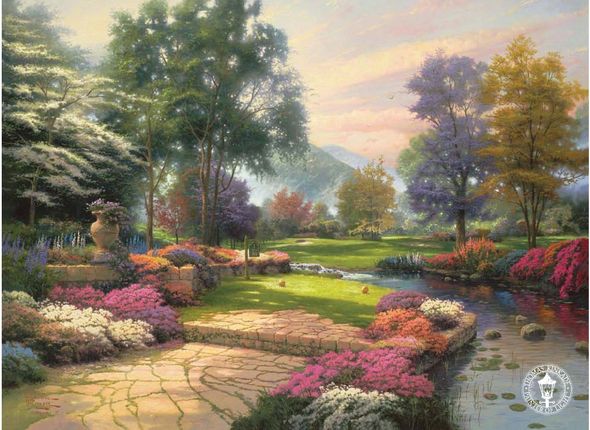 Thomas Kinkade Signed and Numbered Edition on Canvas and Paper: "Living Waters (Golfer's Paradise, Hole #1)"