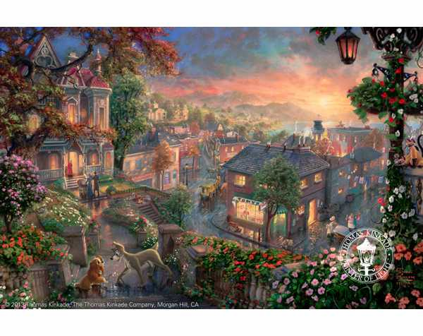 Thomas Kinkade Signed and Numbered Limited Edition Fine Art Print and Hand-Embellished with Painted Accents Giclee Canvas :"Lady and the Tramp"