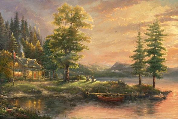 Thomas Kinkade Signed and Numbered Limited Edition Giclee Print and Hand Embellished Canvas:"Morning Light Lake"