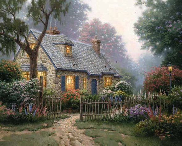 Thomas Kinkade Signed and Numbered Limited Edition Hand Embellished Canvas: "Fox Glove Cottage"