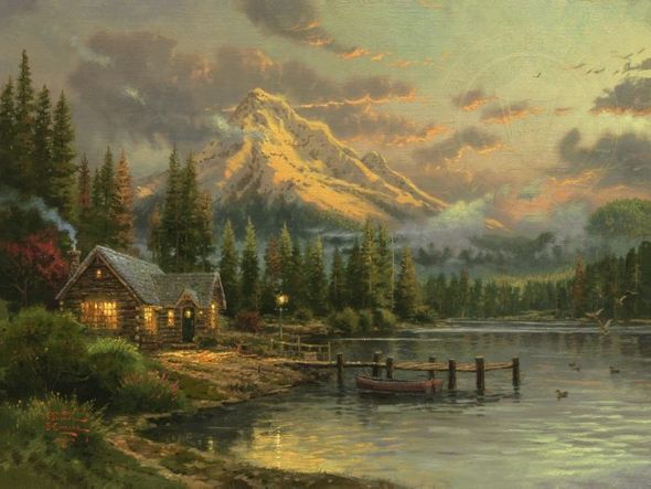Thomas Kinkade Signed and Numbered Limited Edition Hand Embellished Canvas: "Lakeside Hideaway"