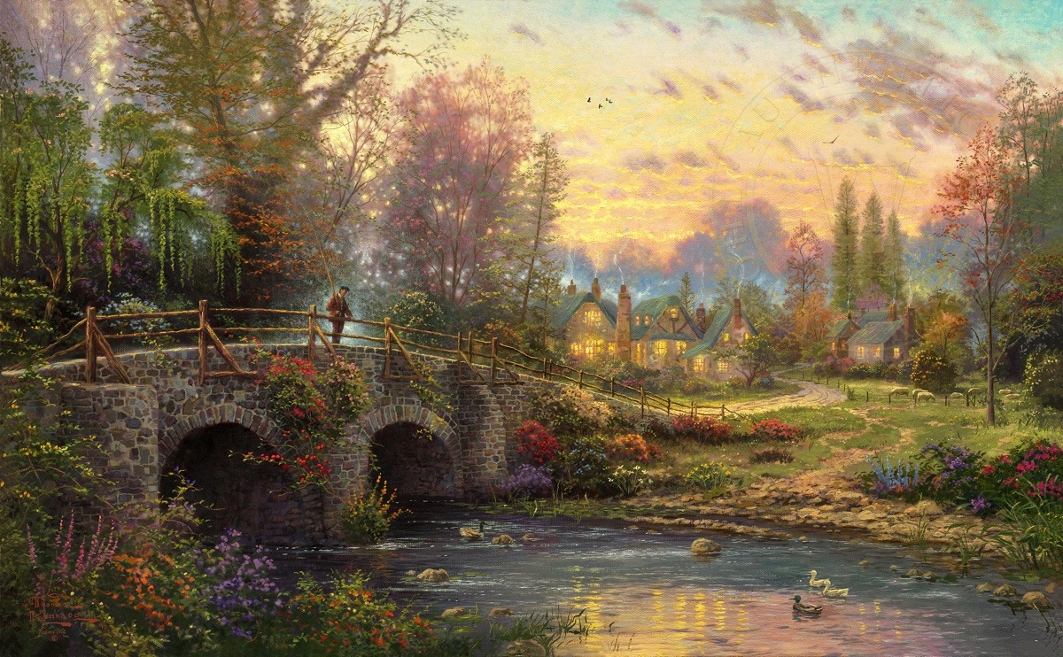 Thomas Kinkade Signed and Numbered Limited Edition Hand Embellished Canvas:"Cobblestone Evening"