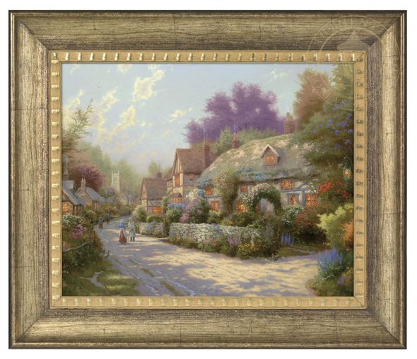 Thomas Kinkade Studios: "Cobblestone Village - 16' x 20' Brushstroke Vignette (Burnished Gold Frame)"