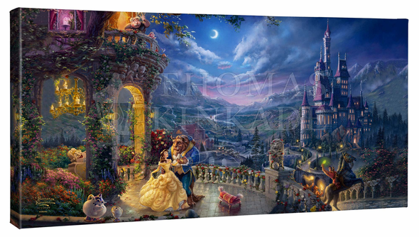 Thomas Kinkade Studios: "Disney Beauty and the Beast Dancing in the Moonlight - 16' x 31' Gallery Wrapped Canvas"