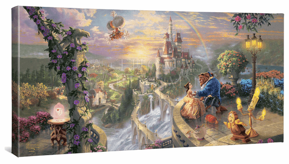 Thomas Kinkade Studios: "Disney Beauty and the Beast Falling in Love - 16' x 31' Gallery Wrapped Canvas"