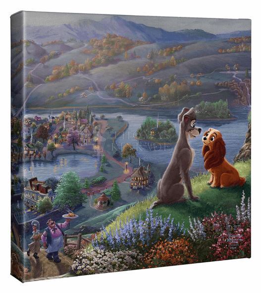 Thomas Kinkade Studios: "Disney Lady and the Tramp Falling In Love - 14' X 14' Gallery Wrapped Canvas"