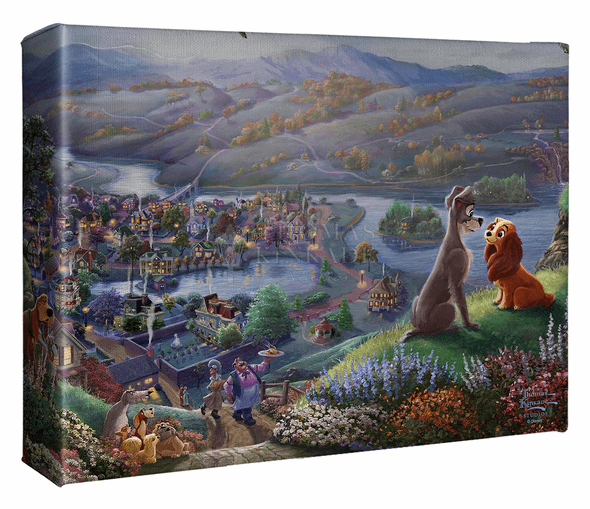 Thomas Kinkade Studios: "Disney Lady and the Tramp Falling In Love - 8' X 10' Gallery Wrapped Canvas"