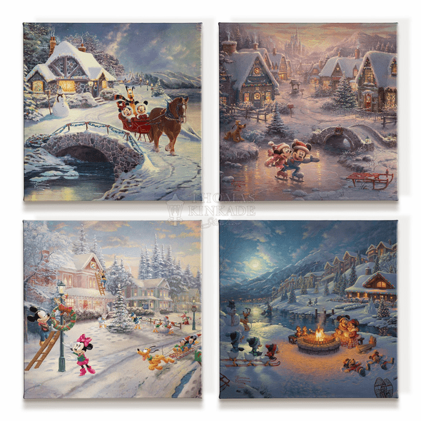 Thomas Kinkade Studios: "Disney Mickey and Minnie Holiday (Set of 4) - 14' x 14' Gallery Wrapped Canvas"