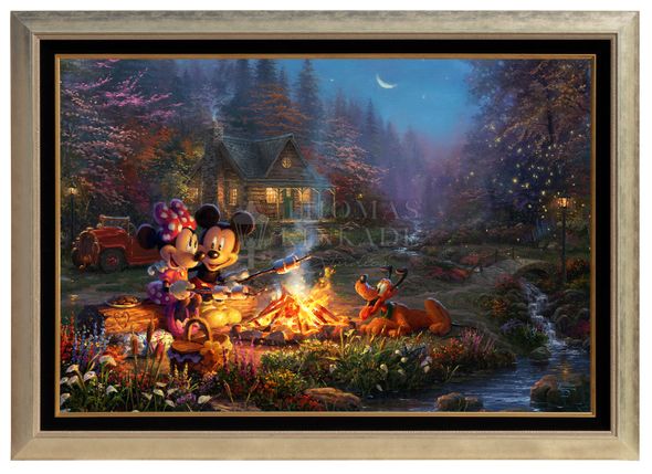 Thomas Kinkade Studios: "Disney Mickey and Minnie - Sweetheart Campfire - 40' x 60' - Canvas Print (Monumental Gold Frame)"