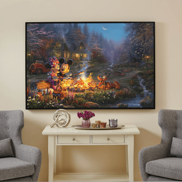 Thomas Kinkade Studios: "Disney Mickey and Minnie - Sweetheart Campfire - 40' x 60' Canvas Wall Mural (Onyx Black Frame)"