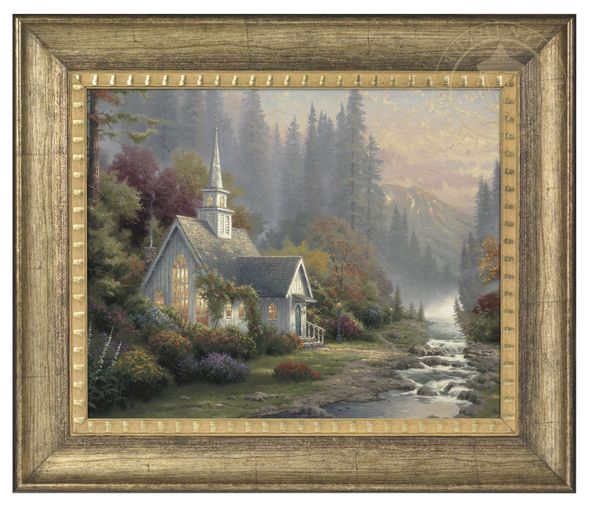 Thomas Kinkade Studios: "Forest Chapel - 16' x 20' Brushstroke Vignette (Burnished Gold Frame)"