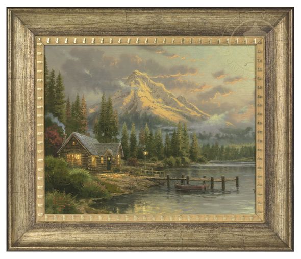 Thomas Kinkade Studios: "Lakeside Hideaway - 16' x 20' Brushstroke Vignette (Burnished Gold Frame)"