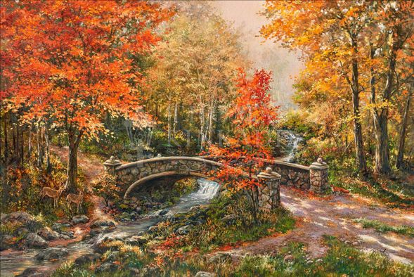 Thomas Kinkade Studios Limited Edition Giclee Fine Art:"Fall at Fox Creek Bridge"