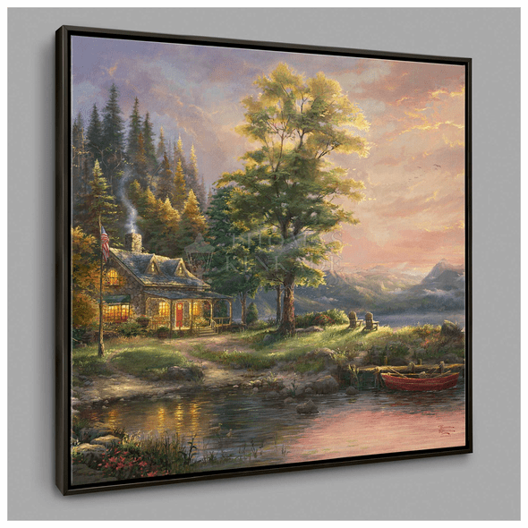 Thomas Kinkade Studios: "Morning Light Lake - 36' x 36' Canvas Wall Mural (Onyx Black Frame)"
