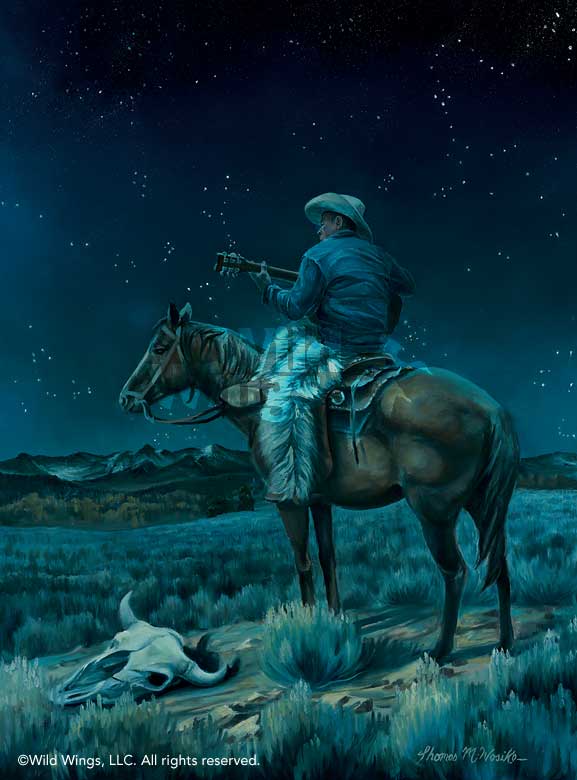 Thomas Wosika Open Edition Framed Print: "Moonlight Serenade-Cowboy"