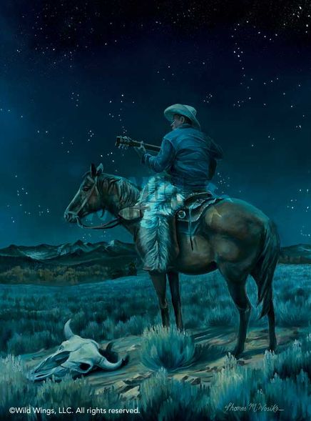 Thomas Wosika Open Edition Framed Print: "Moonlight Serenade-Cowboy"