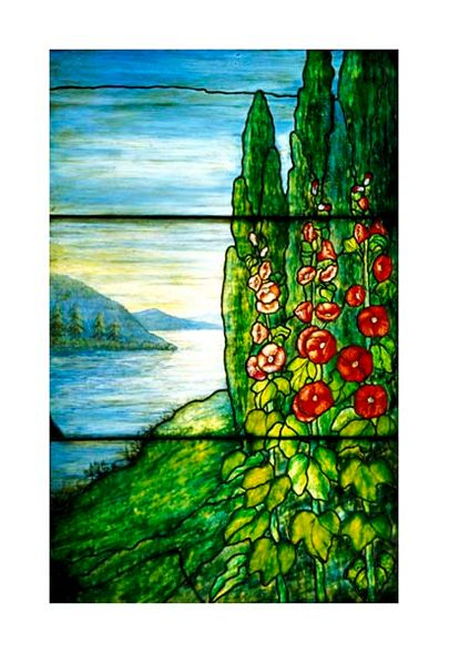 Tiffany Studios Fine Art Open Edition Gicl&eacute;e:"Red Blossoming Hollyhocks and Arbor Vitae"