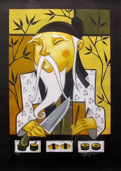 Tim Rogerson Hand Signed Ltd Edition Giclee on Canvas:"King Of Raw Roll Sushi"