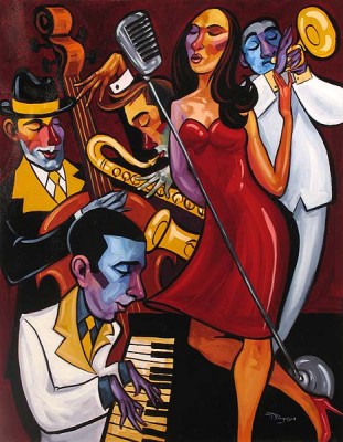 Tim Rogerson Handsigned and Numbered Embellished Giclee on Canvas:"Piano Jam"