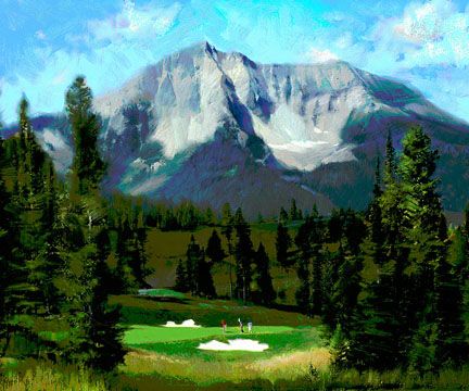 R. Tom Gilleon Artist Signed and Numbered Limited Edition Canvas Giclee:"Moonlight Basin 16th Hole"