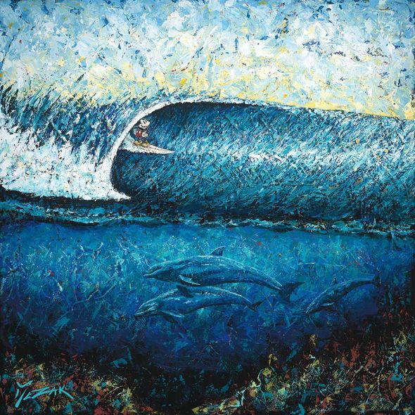 Trevor Mezak Signed and Numbered Limited Edition Hand-Textured Giclée on Canvas:"Mickey Surfs Pipeline"