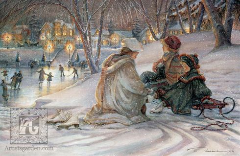 Trisha Romance Handsigned & Numbered Limited Grand Romance Collectors Edition Canvas Giclee: "Evening Skaters " Trisha Romance Handsigned & Numbered Limited Grand Romance Collectors Edition Canvas Giclee: "Evening Skaters "