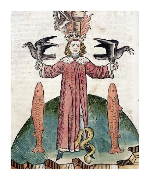 Unknown Fine Art Open Edition Gicl&eacute;e:"King Holding Birds with Serpant & Fish Beside Him"