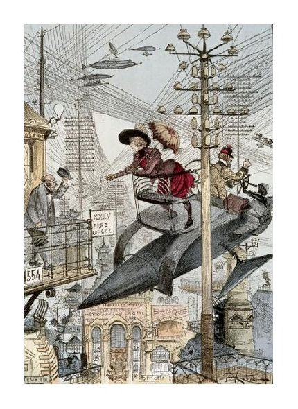Unknown Fine Art Open Edition Gicl&eacute;e:"Woman Riding on Rocket-Like Taxi"