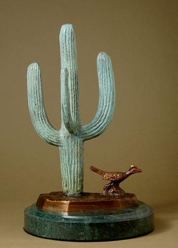 Unknown Handcrafted Solid Bronze Sculpture:"Cactus and Roadrunner" Unknown Handcrafted Solid Bronze Sculpture:"Cactus and Roadrunner"