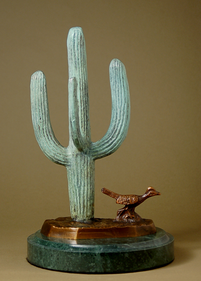 Unknown Handcrafted Solid Bronze Sculpture:"Cactus and Roadrunner"