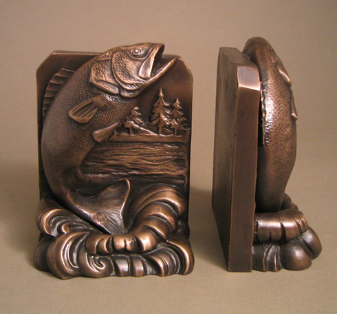 Unknown Handcrafted Solid Bronze Sculpture:"Leaping Bass Bookends" Unknown Handcrafted Solid Bronze Sculpture:"Leaping Bass Bookends"