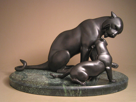 Unknown Handcrafted Solid Bronze Sculpture:"Loving Care - Panther and Cub"