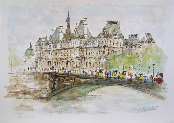 Urbain Huchet Hand Signed Large Limited Edition Lithograph:"Paris City Hall"