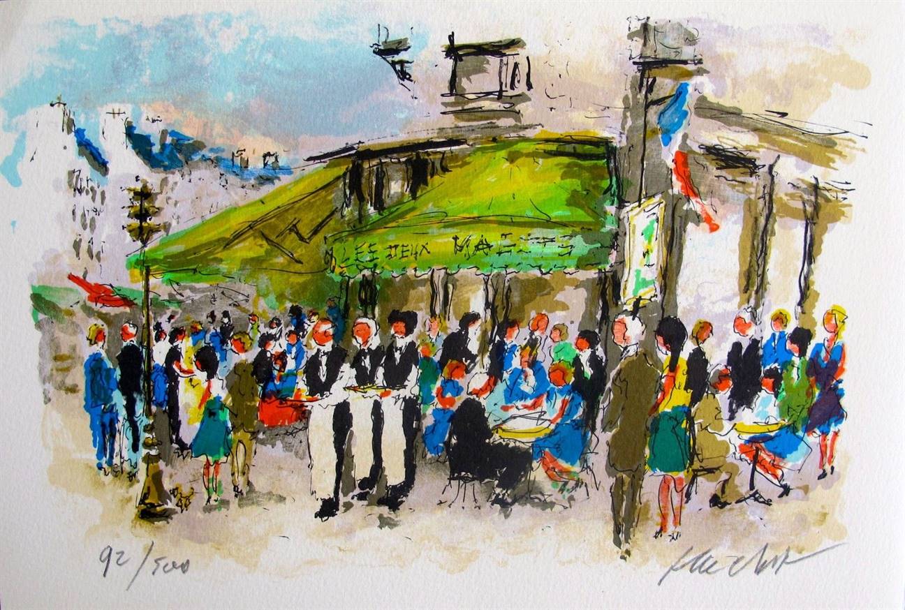 Urbain Huchet Hand Signed Limited Edition Lithograph:"Les Deux Magots"