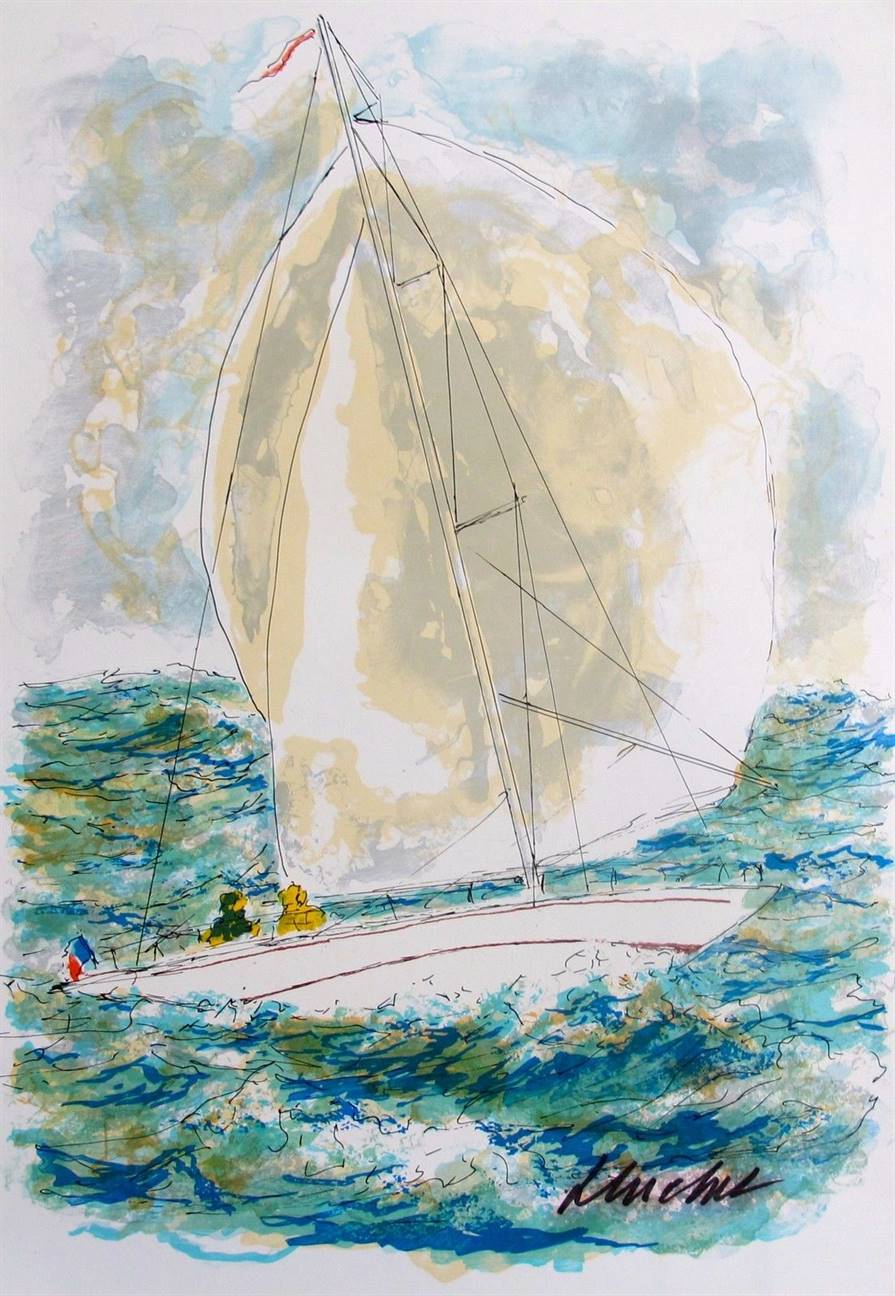 Urbain Huchet Hand Signed Limited Edition Lithograph:"Racing Yacht In St. Tropez"