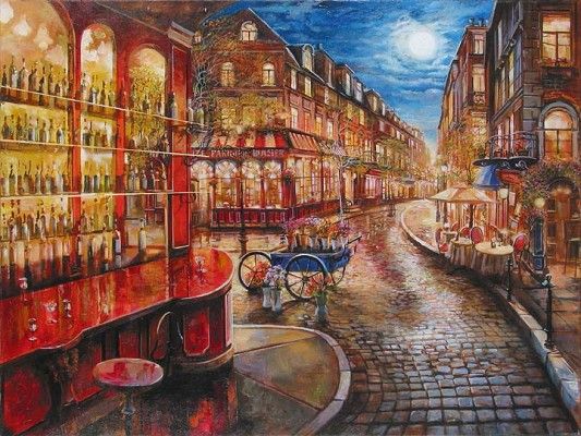 Vadik Suljakov Limited Edition Embellished Giclee on Hand-Textured Canvas:"Bar en Rouge"