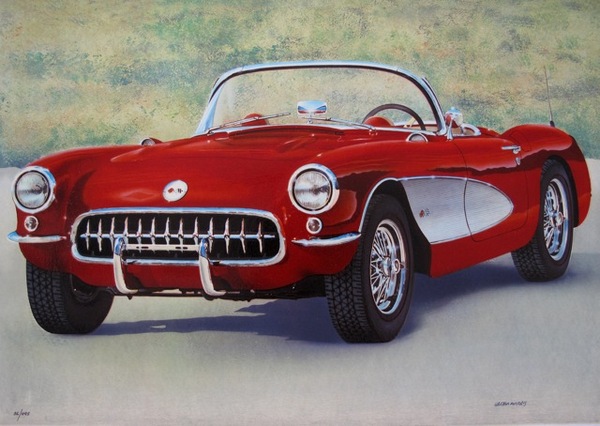 Valter Morais Hand Signed Limited Edition Serigraph:"Red Fifties Corvette"