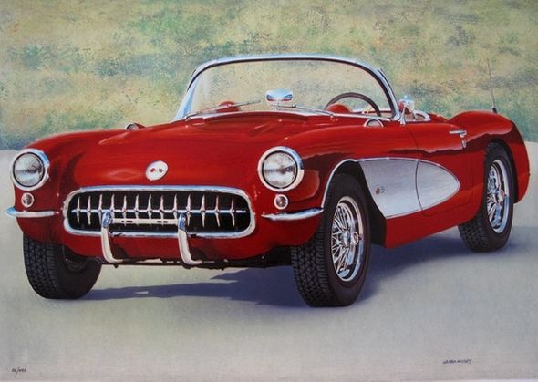 Valter Morais Hand Signed Limited Edition Serigraph:"Red Fifties Corvette"