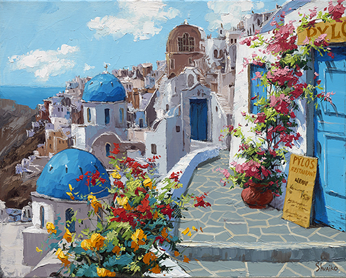 Viktor Shvaiko Artist Signed Limited Edition Hand Embellished Canvas Giclee:"Spring in Santorini" | Out of Stock