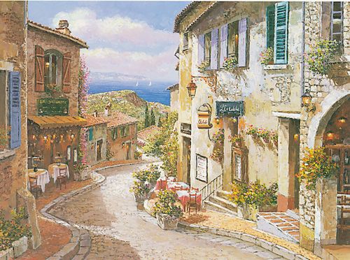 Viktor Shvaiko Limited Edition Hand Embellished Serigraph on Canvas La Mer: "Cafe de Stabile / La Mer"