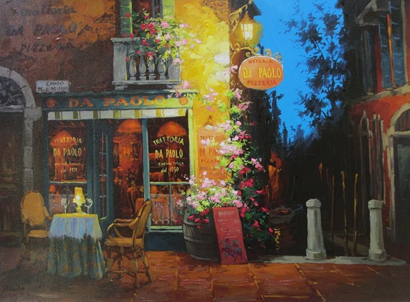 Viktor Shvaiko Signed Limited Edition Embellished Canvas Giclee: "Canal and Cappuccino"