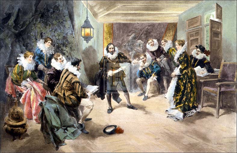Vincent de Paredes Artist Hand Colored Copper Plate Printed Atelier Print:"Shakespeare Reciting His Hamlet"