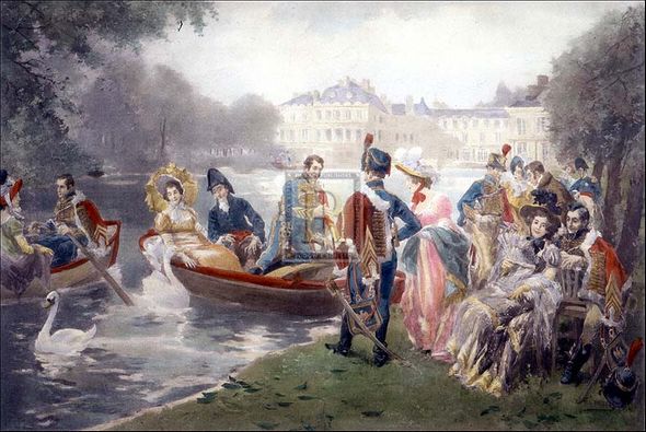 Vincent de Paredes Artist Hand Colored Copper Plate Printed Atelier Print:"The Glorious Days Of Fontainebleau"