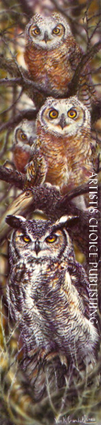VIVI CRANDALL 6X24 Secondary Market Art: "TOTEM POLE OWLS"
