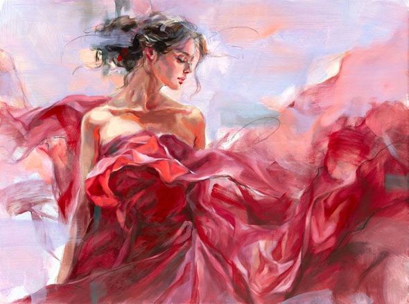Anna Razumovskaya Hand Signed and Numbered Limited Edition Embellished Canvas Giclee:"Ruby Glow l"
