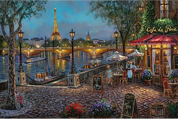 Robert Finale Artist Signed Hand-Embellished Limited Edition Canvas Giclee :"River View Cafe, Paris"