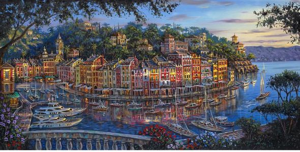 Robert Finale Artist Signed Hand-Embellished Limited Edition Canvas Giclee:"Portofino Splendor"