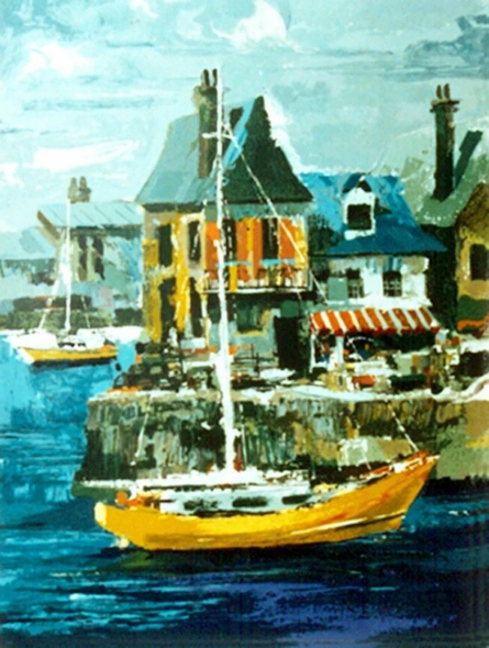 Wayland Moore Limited Edition Hand Pulled Serigraph on Paper: "French Seaport "