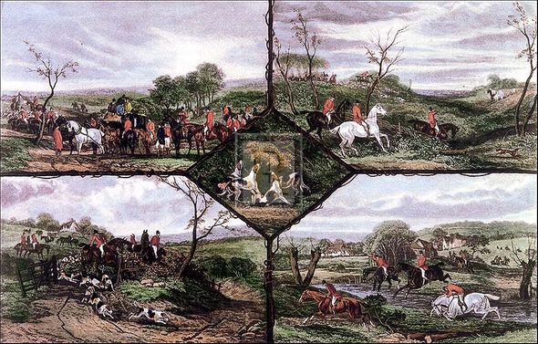 William J. Shayer Jnr Artist Hand Colored Copper Plate Printed Atelier Print:"Hunting Incident (five scenes on one plate)"